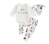Vioyavo Newborn Baby Girls 3Pcs Outfit Hi I’m New Here Letters Print Long Sleeve Romper Animal/Floral Print Pants Hat Clothes Set (White, 3-6 Months)