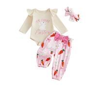 Vioyavo Newborn Baby Girls My First Easter Outfit Bunny Print Long Sleeve Romper Top Elastic Waist Pants Headband 3Pcs Spring Clothes Set (Khaki, 9-12 Months)