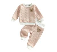 Vioyavo Toddler Baby Boys Fall Winter Clothes Bear Embroidered Long Sleeve Pullover Hoodie Elastic Waist Jogger Pants 2Pcs Tracksuit Outfit (Khaki, 9-12 Months)