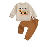 Vioyavo Toddler Baby Boys Halloween Outfit Pumpkin Truck Print Long Sleeve Jumper Top Elastic Waist Sweatpants 2 Pieces Clothes Set (E Beige excavator, 2-3T)