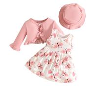 Vioyavo Toddler Baby Girls Fall Dress Set Sunflower/Butterfly Sleeveless A-line Dress Long Sleeve Ruffle Trim Cardigan Hat 3Pcs Clothes Set (Pink, 12-18 Months)