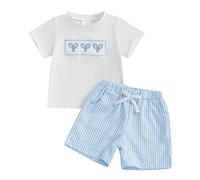 Vioyavo Toddler Boy Summer 2Pcs Outfits Tennis Racket Embroidery Short Sleeve T Shirts Top Plaid Print Shorts Set Baby Boys Clothes (White, 18-24 Months)