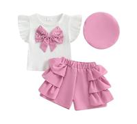 Vioyavo Toddler Girl Summer Clothes Baby Outfit Big Pearl Bow Flutter Sleeve Round Neck Tops Ruffled Shorts Beret 3 Pcs Set (Pink, 3T)