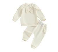 Vioyavo Toddler Girls Clothes Set Spring Fall Solid Color Outfits Long Sleeve Bow Ruffle Trim Sweatshirt Pullover Long Pants Set (Beige, 2-3T)