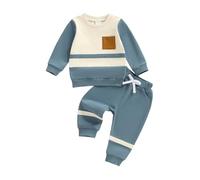Vioyavo Toddler Kid Boys Fall Outfit Contrast Color Long Sleeve Sweatshirt Crew Neck Jumper Tops Long Pants 2 Pieces Clothes Set (Blue, 12-18 Months)