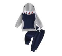 Vioyavo Toddler Kid Boys Fall Outfit Shark Pattern Long Sleeve Hoodie Top Elastic Waist Long Pants 2 Pieces Clothes Set Casual Tracksuit (Gray, 3-4 Years)