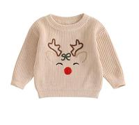 Vioyavo Toddler Kid Boys Girls Christmas Sweaters Reindeer Embroidery Long Sleeve Crewneck Knitted Jumper Knit Pullover Tops (Khaki, 5-6 Years)
