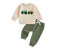 Vioyavo Toddler Kid Boys Halloween Clothes Set Tractor Embroidery Sweatshirt Long Sleeve Jumper Tops Long Pants 2 Pieces Tracksuit Outfit (Green truck, 18-24 Months)