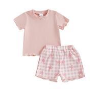Vioyavo Toddler Kid Girl Summer 2Pcs Outfit Short Sleeve Round Neck T Shirt Top Strawberry/Daisy/Bow Knot Print Shorts Clothes Set (Light Pink, 12-18 Months)
