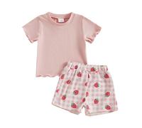 Vioyavo Toddler Kid Girl Summer 2Pcs Outfit Short Sleeve Round Neck T Shirt Top Strawberry/Daisy/Bow Knot Print Shorts Clothes Set (Pink, 18-24 Months)