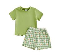 Vioyavo Toddler Kid Girl Summer 2Pcs Outfit Short Sleeve Round Neck T Shirt Top Strawberry/Daisy/Bow Knot Print Shorts Clothes Set (Green, 18-24 Months)