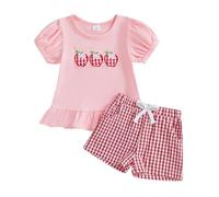 Vioyavo Toddler Kid Girl Summer Clothes Outfit Short Sleeve Round Neck Fruit Embroidery T-shirt Elastic Waist Plaid Shorts (Pink, 3-4T)