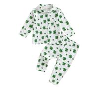 Vioyavo Toddler Kid Girls 2Pcs Pajama Set St.Patrick's Day Clover Print Sleepwear Long Sleeve Lapel Button Down Shirt Long Pants Set (Green, 12-18 Months)