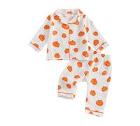 Vioyavo Toddler Kid Girls Halloween Pajama Sets Pumpkin Print Long Sleeve Lapel Button Shirt Top Elastic Waist Long Pants Sleepwear Outfit (White, 4-5 Years)