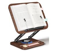 Viozon Book Holder for Reading, Book Stand 360° Rotating Base with Pen Slot, Cookbook Stand, Foldable Book Display Stand with Elastic Page Clips for Recipe,Textbook,7-17" Tablet,Laptop,Walnut Colour
