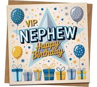 VIP Nephew Happy Birthday Card, 145mm x 145mm Square Greeting Card with Kraft Envelope, Blue & Gold Balloons and Gifts Design, Birthday Card for Nephew