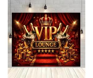 VIP Theme Party Backdrop Luxury Champagne Coins Dice Red Curtain Background s Lounge Crown and Golden Lettering Bannner Fashion Show Movie Prom Birthday Party Photography Props，A：7 * 5FT