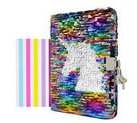 VIPbuy Reversible Sequin Notebook Diary with Lock and Key Lined Travel Journal w/Photo Corner for Kids Girls Gift, Size A5 (215 x140mm), 156 Pages, Colorful-Unicorn