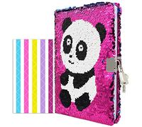 VIPbuy Reversible Sequin Panda Notebook Diary with Lock and Key Lined Travel Journal w/ Photo Corner for Kids Girls Gift, Size A5 (215 x140mm), 156 Pages, Rose Red to Blue