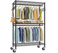 VIPEK R2 Plus Heavy Duty Clothes Rail on Wheels, 114 L x 45 W x 204 H cm，Double Clothes Rail with Adjustable Wire Shelving, Metal Clothes Rail with Double Rods & Side Hooks, Black