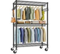 VIPEK R2 Plus Heavy Duty Rolling Clothes Rail with Adjustable Wire Shelving, 3-Tier Freestanding Wardrobe Storage with Double Rods and Side Hooks, Clothes Rail for Bedroom, Black