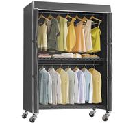 VIPEK R2C Plus Heavy Duty Rolling Garment Rack with Cover Clothing Rack for Hanging Clothes Portable Closets with Adjustable Wire Shelving & Double Rods, Black Rack with Black Upgarded Polyester Cover
