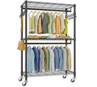 VIPEK V12 Portable Closets Heavy Duty Rolling Garment Rack 3 Tiers Adjustable Wire Shelving Clothes Rack with Double Rods and Side Hooks, Freestanding Wardrobe Storage Rack Metal Clothing Rack, Black