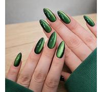Viper Green Press On Nails Short Almond - Neon Green to Black Color Changing False Nails with High Gloss Gradient, Iridescent Glitter Effect, Double Layer Reusable Fake