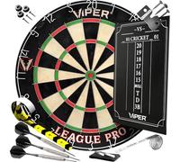 Viper League Pro Regulation Bristle Steel Tip Dartboard Starter Set with Staple-Free Bullseye, Radial Spider Wire, High-Grade Sisal with Rotating Number Ring, Chalk Cricket Scoreboard, Steel Tip Darts