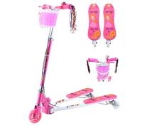 Viper Tri Scooter for Girls Kids, Pink Light Up Wheels, Foldable & Adjustable Height, Anti-Slip Footplates, Three-Wheel Wiggle Scooter with Basket and Bell, Steel Frame, Front Brake, Ideal for Girls