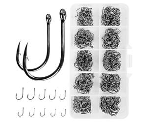 VIPMOON 500pcs Fishing Hooks Set, 10 Sizes (3-12) with Eye, Barbed Hooks, High Carbon Steel with Plastic Box, for Saltwater, Freshwater Fishing