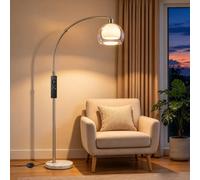 Vipnight Dimmable Arc Floor Lamp for Living Rooms, 350° Head, White, Remote | Height-Adjustable Standing Lamp with 53-90CM Reach, Double Shade, Timer and Foot Switch for Sofa, Office, E27 Bulb Included