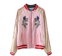 Viport Women's Reversible Crane Tiger Fujiyama Embroidery Bomber Jacket Japanese Style Pink Blue, Black, XL