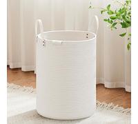 VIPOSCO 58L Tall Woven Rope Laundry Hamper, Leather Handles, White | Large Wicker Laundry Basket for Dirty Clothes, Blanket, Toy, Towel, Yoga Mat, Storage Bin in Bedroom, Bathroom, Living Room