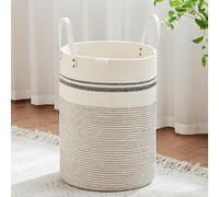 VIPOSCO 72L Tall Woven Rope Laundry Hamper, Leather Handles, Stripe White | Large Wicker Laundry Basket for Dirty Clothes, Blanket, Toy, Towel, Yoga Mat, Storage Bin in Bedroom, Bathroom, Living Room