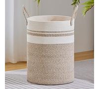 VIPOSCO Large Laundry Hamper, Tall Woven Rope Storage Basket for Blanket, Toys, Dirty Clothes in Living Room, Bathroom, Bedroom - 100L Brown & White