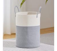 VIPOSCO Large Laundry Hamper, Tall Woven Rope Storage Basket for Blanket, Toys, Dirty Clothes in Living Room, Bathroom, Bedroom - 58L Grey & White