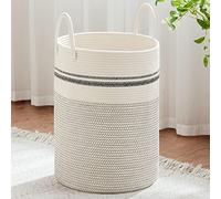 VIPOSCO Large Laundry Hamper, Tall Woven Rope Storage Basket for Blanket, Toys, Dirty Clothes in Living Room, Bathroom, Bedroom - 100L Stripe White