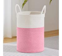 VIPOSCO Large Laundry Hamper, Tall Woven Rope Storage Basket for Blanket, Toys, Dirty Clothes in Living Room, Bathroom, Bedroom - 72L Pink & White