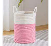 VIPOSCO Large Laundry Hamper, Tall Woven Rope Storage Basket for Blanket, Toys, Dirty Clothes in Living Room, Bathroom, Bedroom - 58L Pink & White