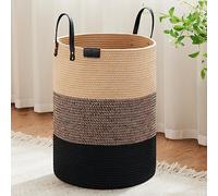 VIPOSCO Tall Laundry Basket, Large Dirty Clothes Hamper with Leather Handle, Woven Rope Storage Basket for Blanket, Toy In Living Room, Bathroom, Bedroom - 100L Brown & Black