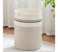 VIPOSCO Tall Laundry Basket, Large Dirty Clothes Hamper with Leather Handle, Woven Rope Storage Basket for Blanket, Toy In Living Room, Bathroom, Bedroom - 100L Stripe White