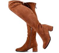 Vipost 2.5-inch Wide Calf Wide Width Thigh High Boots, Suede over the Knee Boots for Women, Plus Size Chunky Block Heel Round Toe Fall Boots with Side Zipper, Brown, 8.5 X-Wide