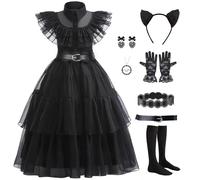 VIPten Wednesday Dress for Kids Girls, Addams Family Cosplay Outfit Gothic Costumes for Halloween Birthday School Party (Black, 8-9 Years)