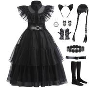 VIPten Wednesday Dress for Kids Girls, Addams Family Cosplay Outfit Gothic Costumes for Halloween Birthday School Party (Black Upgrade, 10-11 Years)