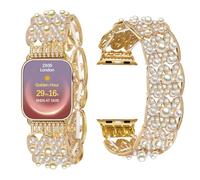 VIQIV Pearl Bracelet Compatible with Apple Watch Bands for Women 38/40/41/42mm (Series 10) Iwatch Series SE/SE2/10/9/8/7/6/5/4/3, Cute Elastic Stretchy Bling Fancy Dressy Jewelry Metal Watch Strap for