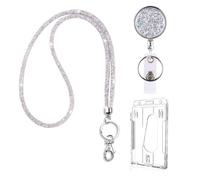 VIQWYIC 1 Pack Retractable ID Badge Holder with Bling Neck Strap Lanyard, Bling Badge Reel with Clear Card Holder for Office Worker Teacher Doctor (Silver)