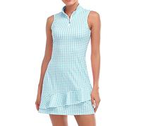 Viracy Tennis Clothing Dress for Women Sleeveless Golf Clothes Women Dresses with Shorts and Pockets Ruffle Zip Up Stand Collar Golf Outfits, Blue Houndstooth, S