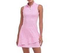 Viracy Tennis Dress for Women Sleeveless Golf Dresses with Shorts and Pockets Ruffle Zip Up Stand Collar Golf Outfits, Pink Houndstooth, S