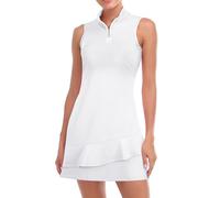 Viracy Tennis Dress for Women Sleeveless Golf Dresses with Shorts and Pockets Ruffle Zip Up Stand Collar Golf Outfits, Solid White, S